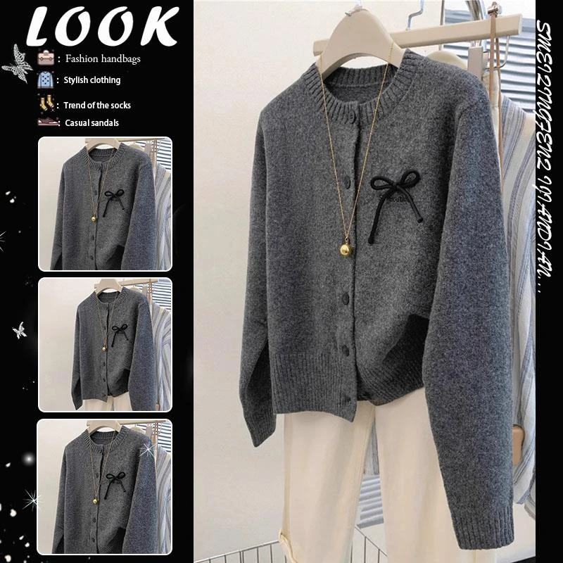 外贸原单女装专柜撤回圆领高级感针织衫女秋冬蝴蝶结显瘦毛衣开衫