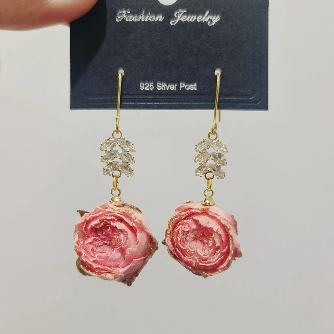 179鲜花手工制作独家diy真花玫瑰干花胶花耳钩耳钉耳饰