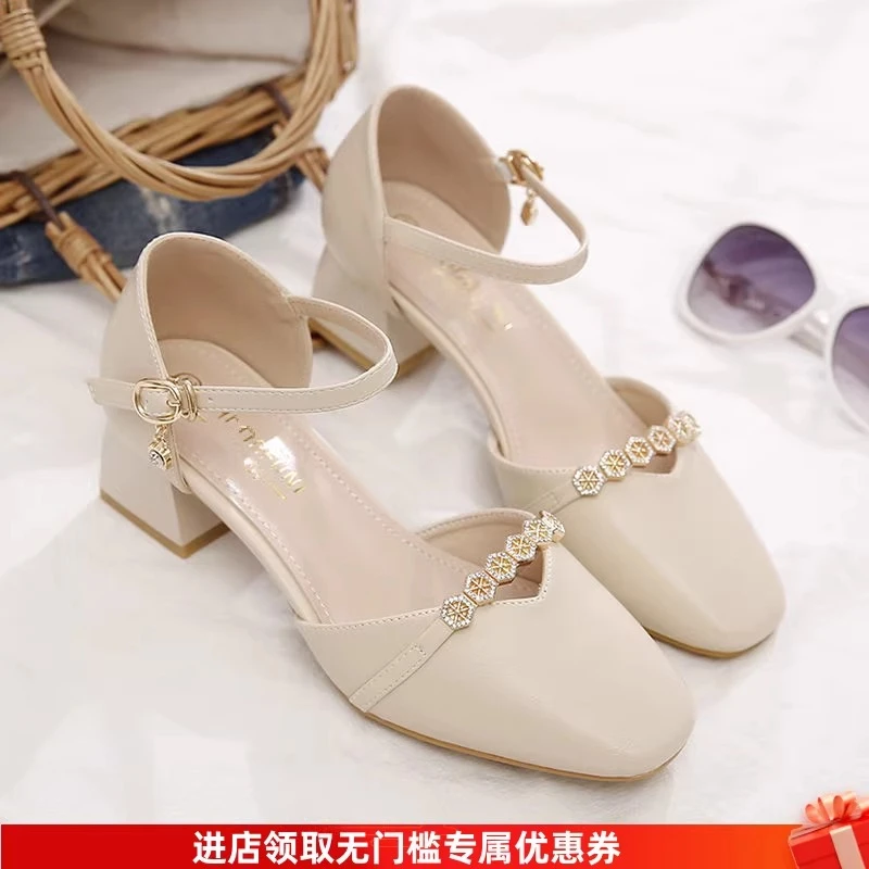 软皮包头粗跟凉鞋女2025夏季新款水钻粗跟气质配裙子仙女风单鞋女