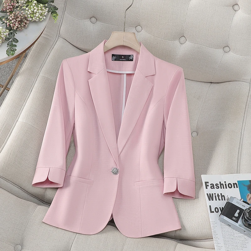 粉色西装外套女七分袖2025新款高级感休闲时尚气质薄款小西服上衣