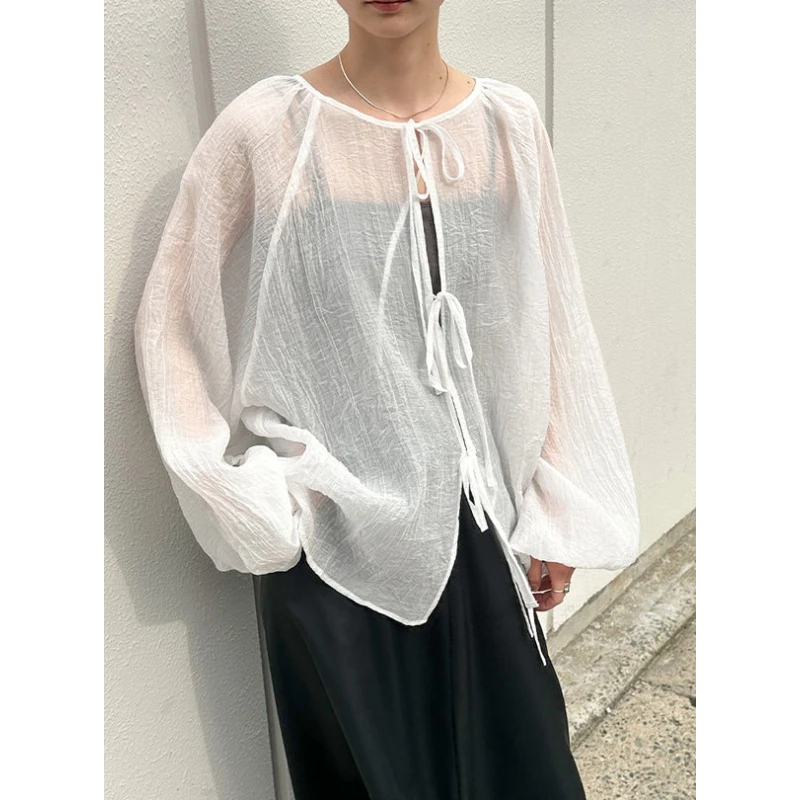 【DD外贸】 夏季新款 S 宽松慵懒正反两穿系带透视衬衫