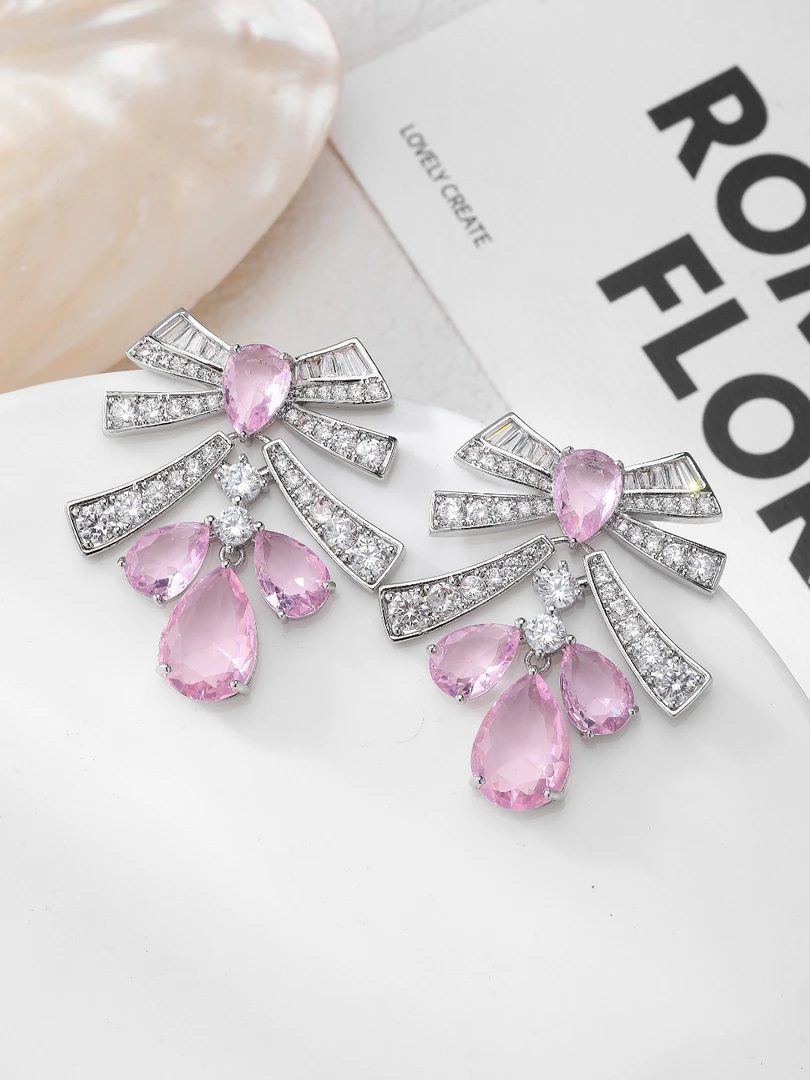 合金合成锆石耳饰 3752高级轻奢时尚蝴蝶结水滴耳环