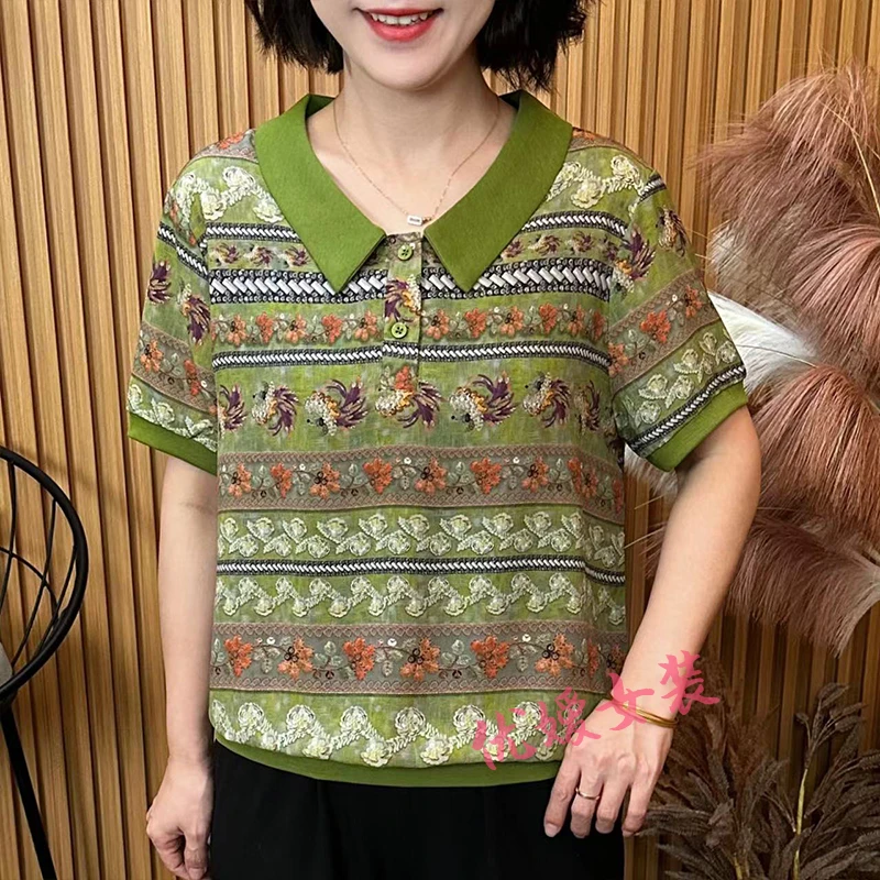 妈妈装夏季减龄花色条纹娃娃领宽松显瘦中老年女装洋气半袖小衫