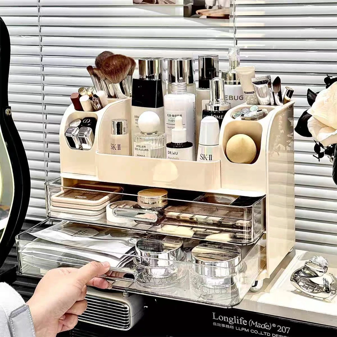 化妆品收纳盒高级感分隔抽屉式桌面置物架粉扑化妆刷口红整理盒子