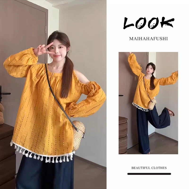 夏季一整套女装2025新款韩版洋气时尚露肩长袖衬衫高腰阔腿裤套装