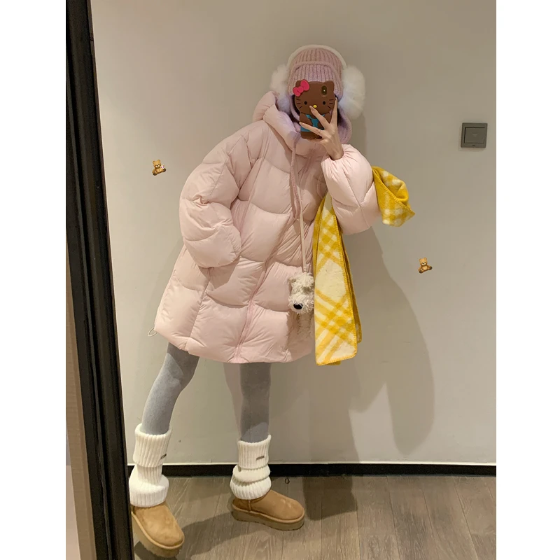 白色连帽羽绒服女中长款2025冬季新款小个子白鸭绒加厚面包服外套