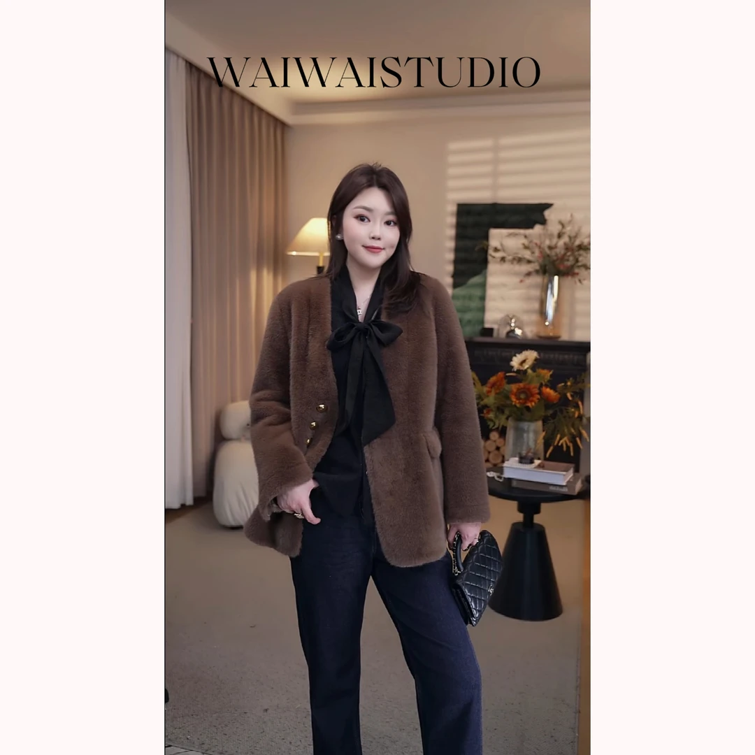 【氛围暖冬】显瘦柔软百搭V领环保加厚皮草外套 24A375