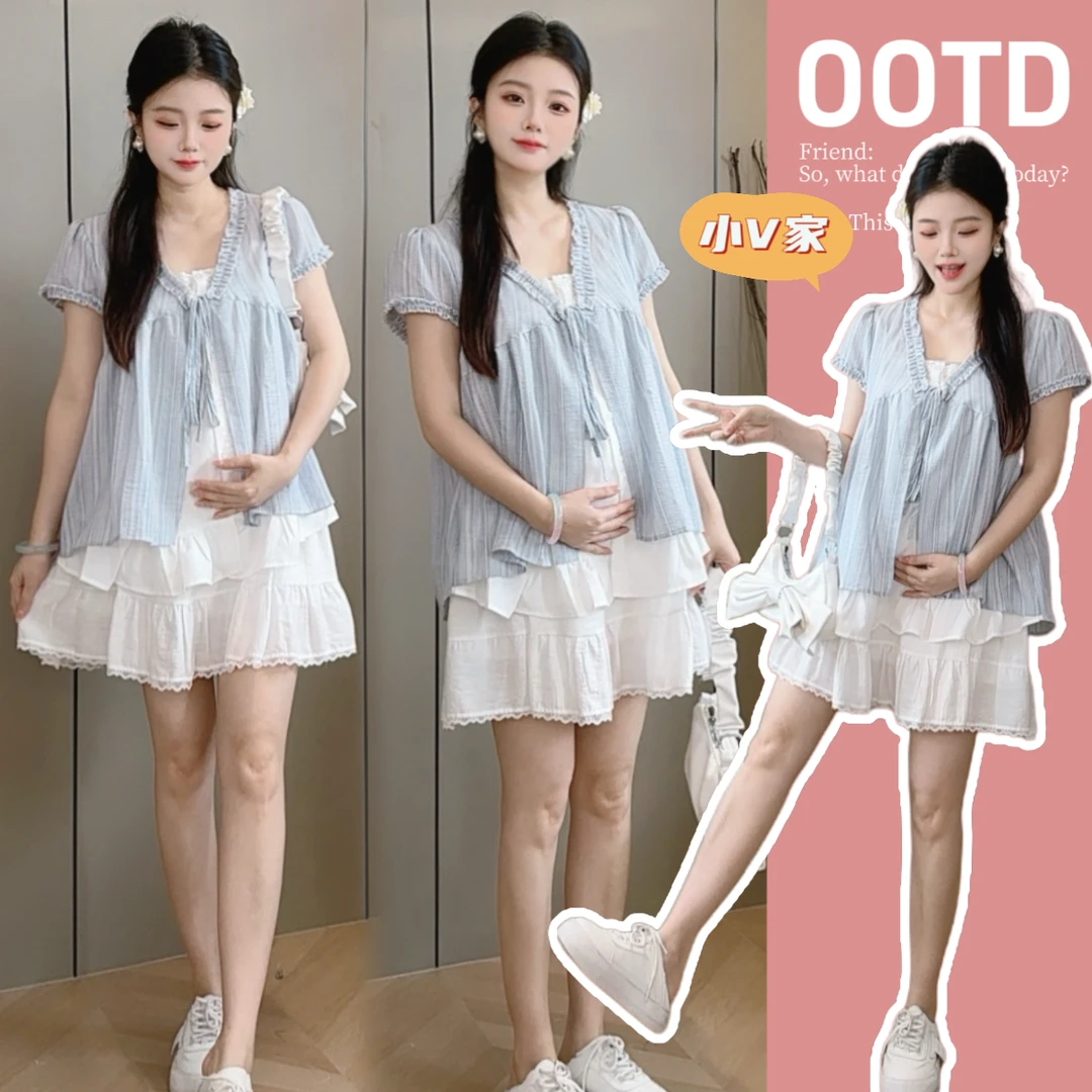 A1130#孕妇装夏季条纹短袖衬衫女宽松独特短裙设计孕妇套装