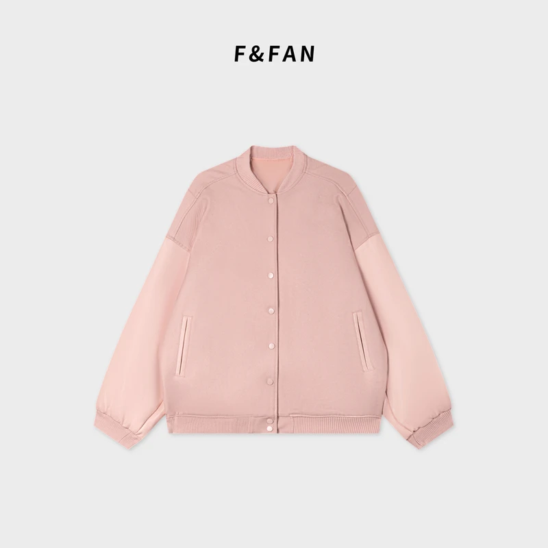F&FAN【多巴胺】秋冬中长款粉色情侣装百搭开衫外套潮牌棒球服