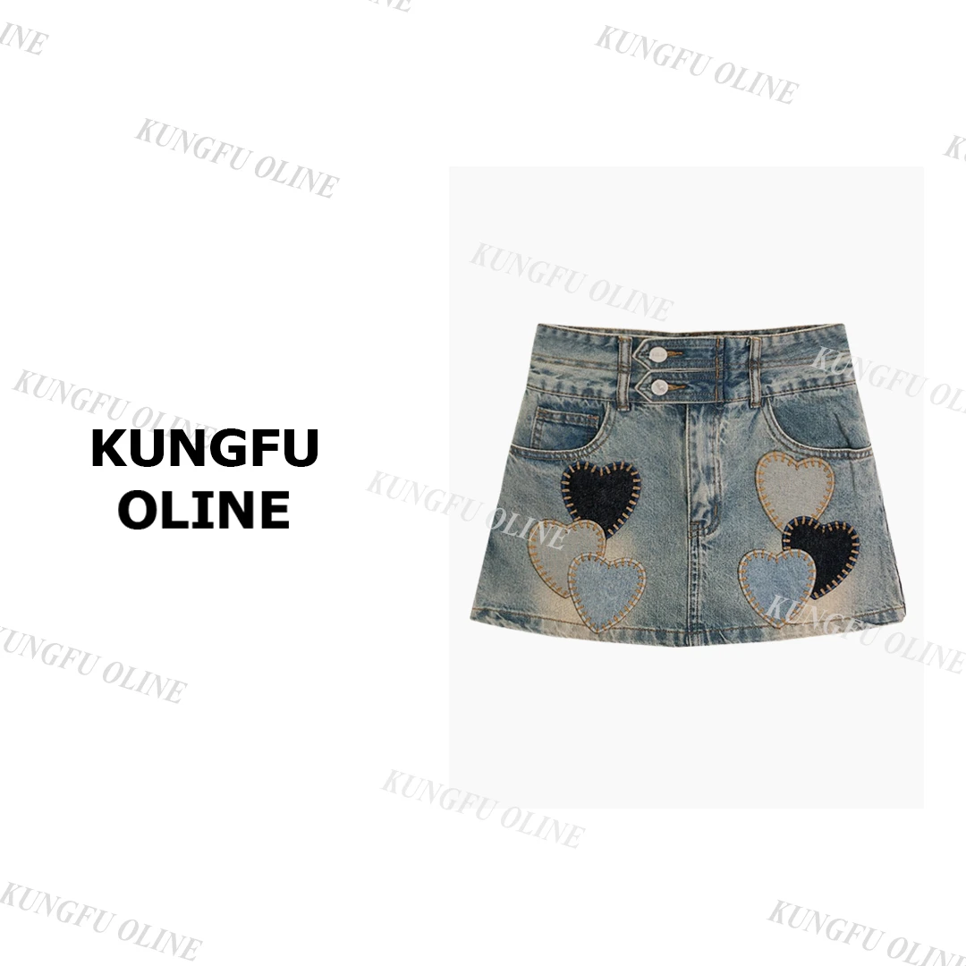 【华华】QK0565夏季新款爱心牛仔裙裤短裙裤显瘦卡通图案印花百搭
