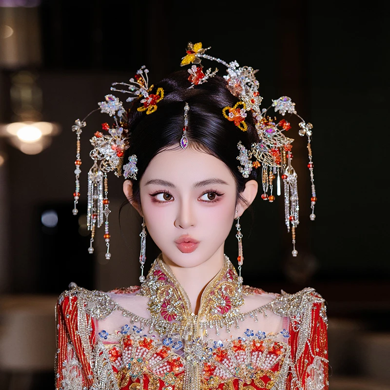 合金婚庆饰品 秀禾服新娘头饰银橘色甜美流苏结婚减龄头饰品G0263