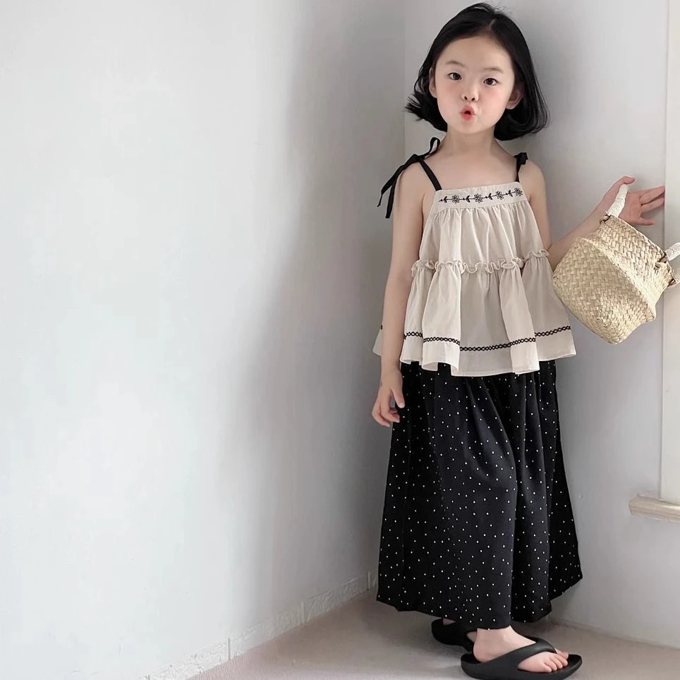 女童吊带娃娃衫套装夏季儿童洋气棉麻背心上衣阔腿裤两件套韩系