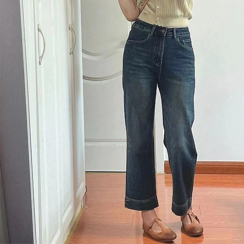 复古百搭直筒法棍牛仔裤女春秋大码胖mm显瘦小个子梨形身材九分裤