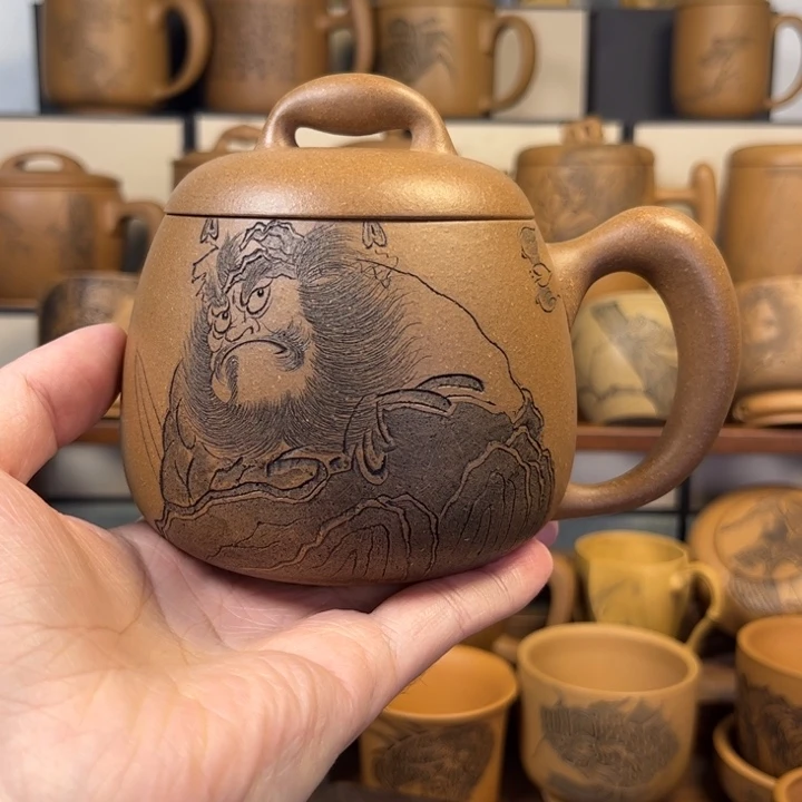 阿****紫砂杯子无锦盒钟馗刻绘紫砂盖杯