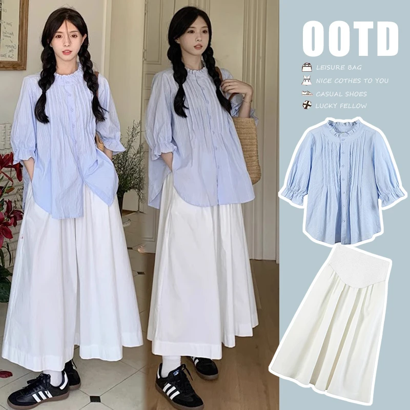 F2#2.14 孕妇春夏款温柔系炸街奶乖套装泡泡袖宽松气质衬衫＋半身