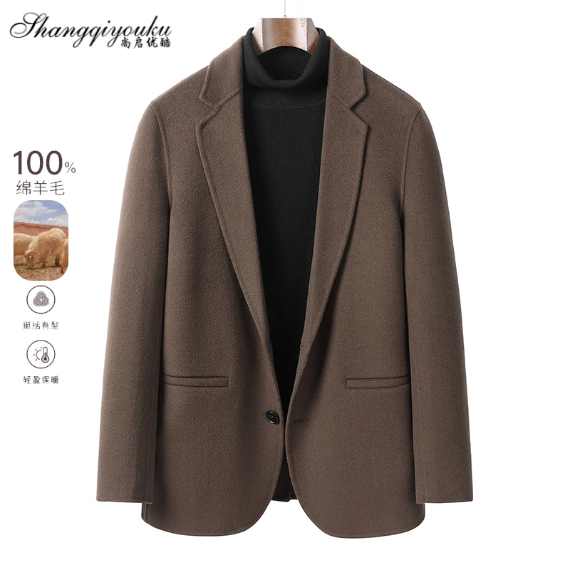100%羊毛西服平驳领保暖短款时尚修身双面毛呢大衣男士风衣外套