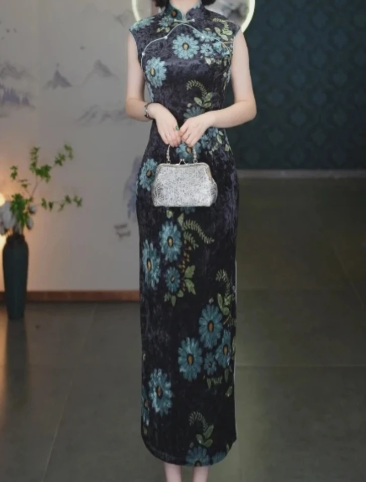 8780-mmy高端复古中国风改良旗袍印花长裙女气质收腰显瘦连衣裙