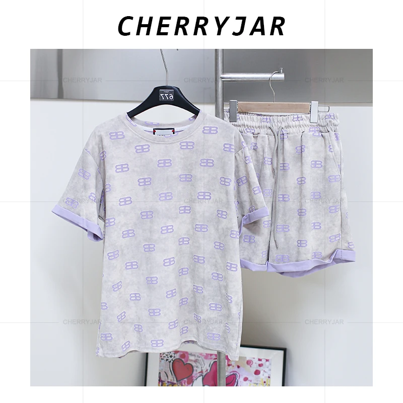 Cherryjar【25677】灰紫色套装字母印花短袖拼接时尚悠闲