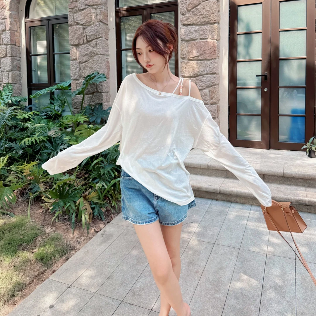 Moprobably李予诺「串带衫」“100%棉”时尚个性露肩长袖T恤L5247247