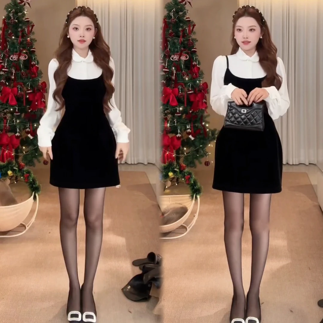 2025秋冬新款气质高级感百搭显瘦内搭上衣+吊带连衣裙修身套装女