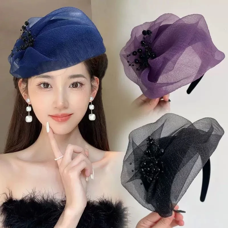 遮白发帽子发箍时尚串珠遮脑门遮额头半帽头箍晚宴会头饰