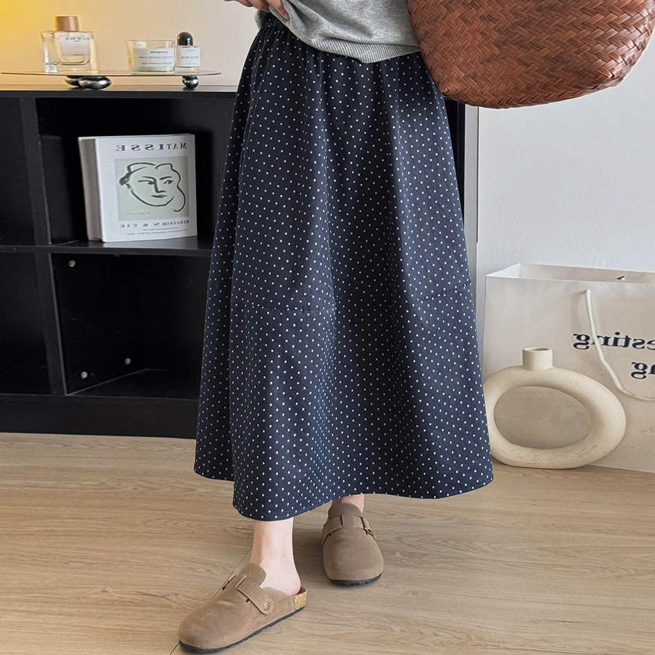 日系小清新波点花苞半身裙2025秋高腰显瘦休闲中长款拼接蓬蓬半裙