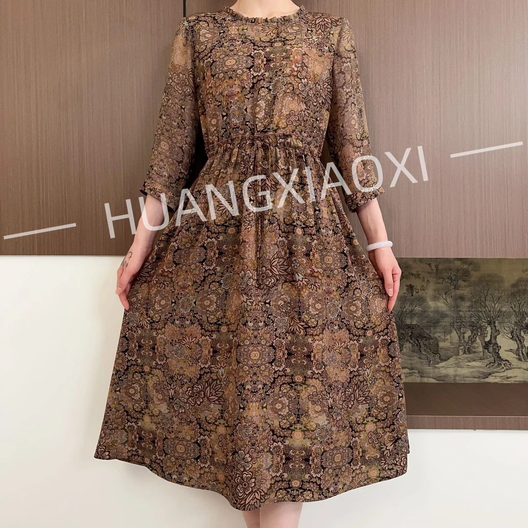 HUANGXIAOXI 橄榄复古花卉花边圆领中长袖气质连衣裙 HXX-280