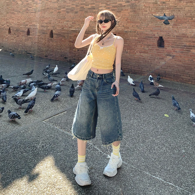 美式复古高腰宽松阔腿裤垂感毛边直筒七分裤牛仔裤女春夏新款