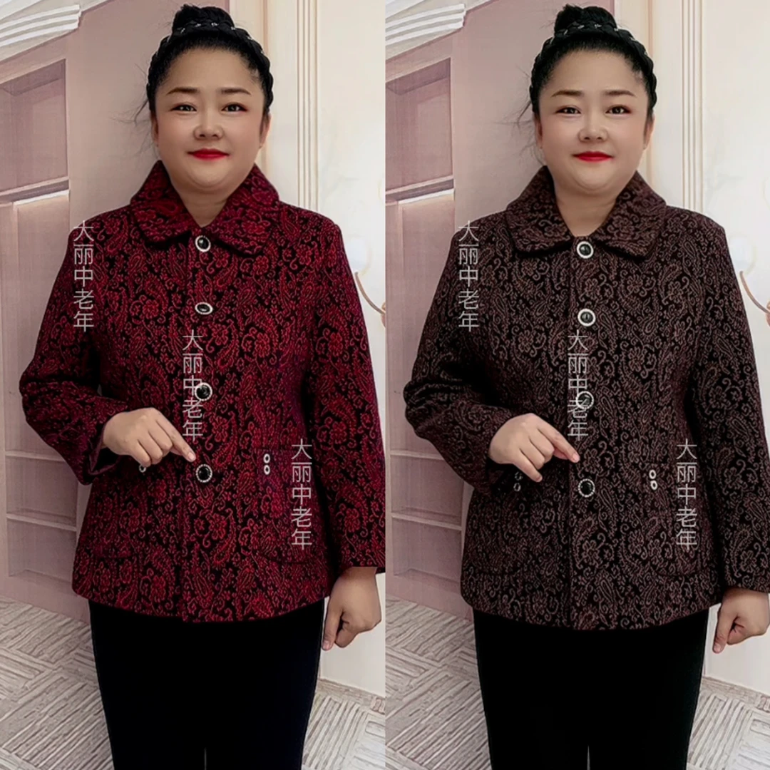 春秋中老年翻领长袖加衬里气质开衫妈妈外套