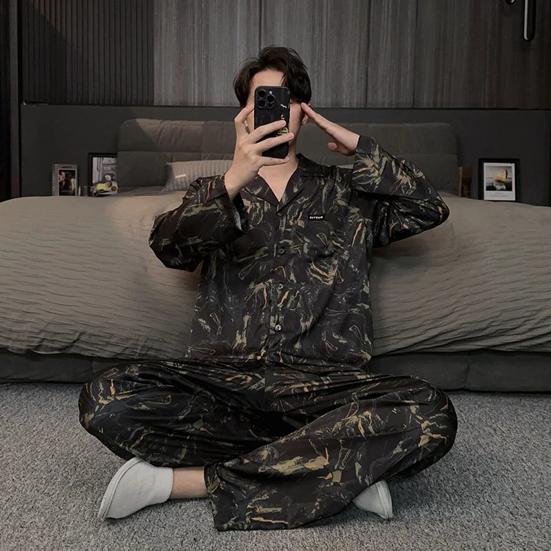 2025新款老钱风男士睡衣春秋款冰丝长袖长裤轻奢家居服高级感套装