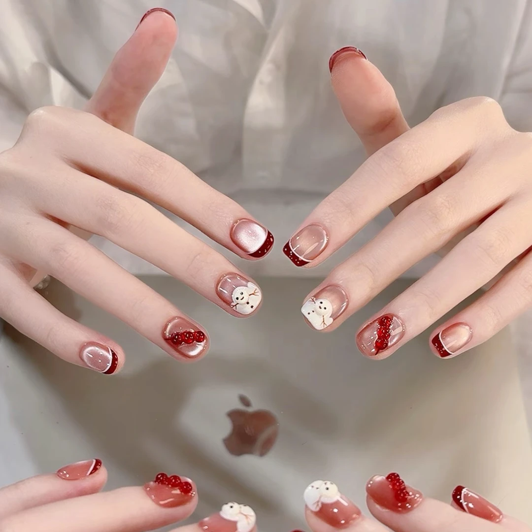 【雪人糖葫芦】新款可爱波点kt猫眼红丝绒蝴蝶结手工穿戴美甲贴片