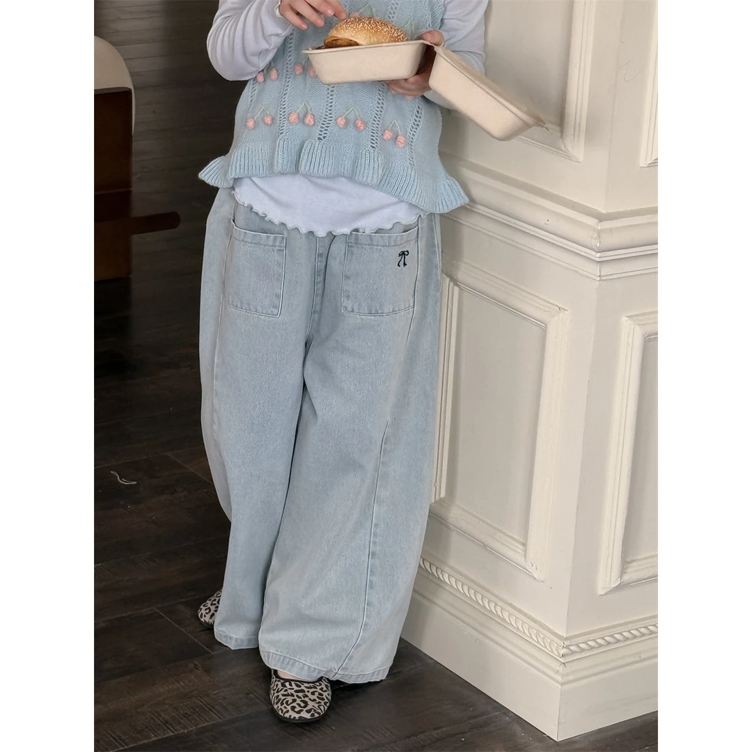 LJ-71691-女童2025春季新款儿童浅色牛仔裤女孩大童阔腿裤潮童