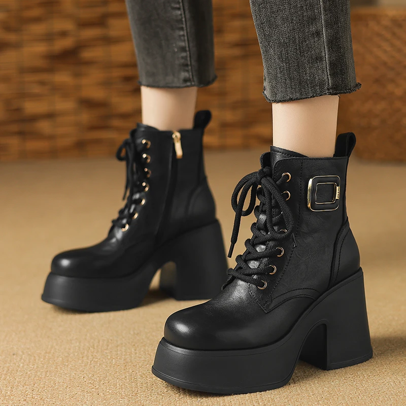 轩玥情女鞋10厘米厚底圆头侧拉链高跟短靴牛皮英伦系带粗跟马丁靴