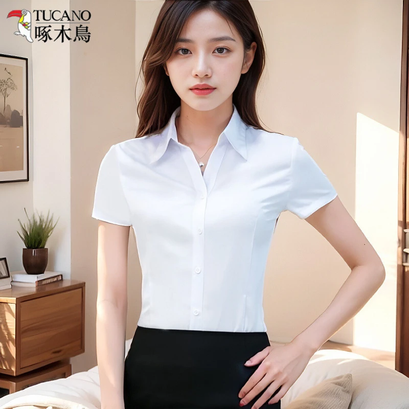 TUCANO/啄木鳥短袖白衬衫女夏季新款修身显瘦工作服面试正装衬衣
