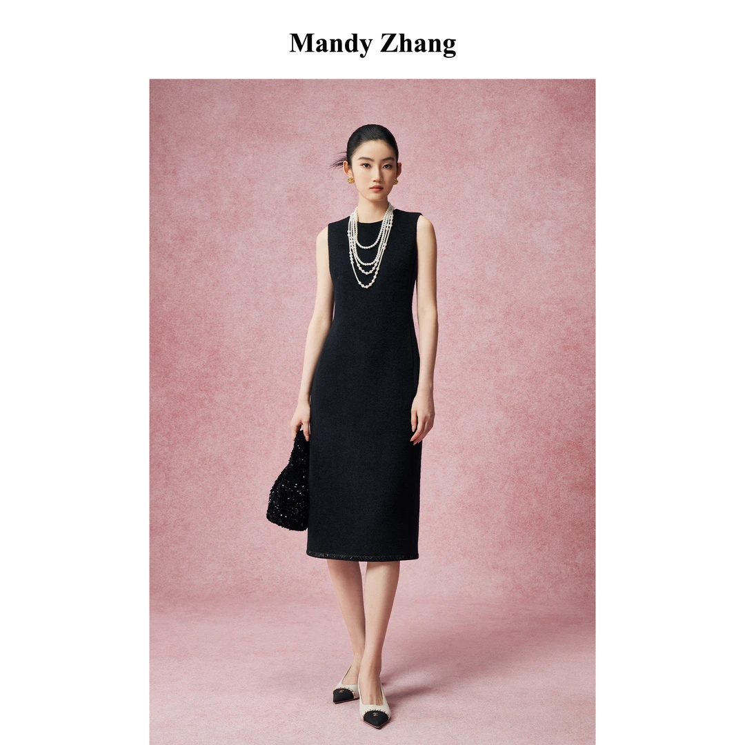 【初依专属】MandyZhang法式绵羊毛无袖连衣裙女秋冬黑色裙子