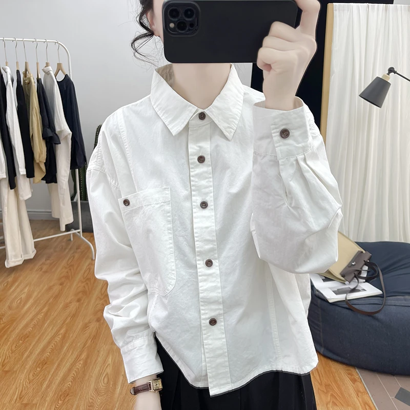 春季新款纯棉长袖衬衣女polo领宽松百搭减龄上衣高品质时尚外套