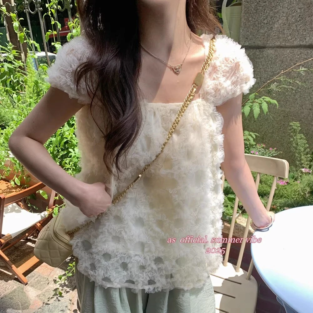 法式方领网纱提花上衣女2025夏季新款气质温柔重工宽松别致小衫