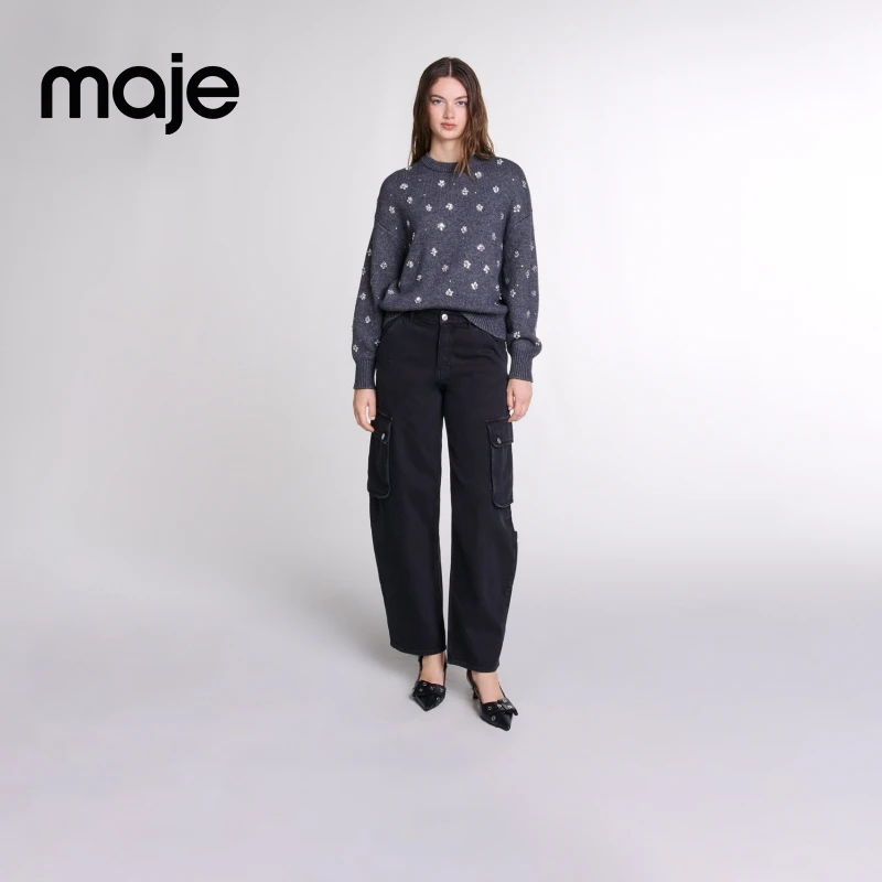 暖系穿搭|Maje秋冬新款女装法式仿钻饰套头针织上衣MFPPU00858