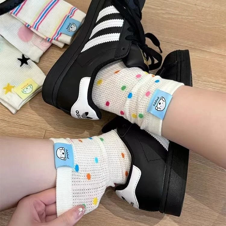 春夏季网眼puppy小狗布标多巴胺彩色波点中筒袜子女条纹星星薄款