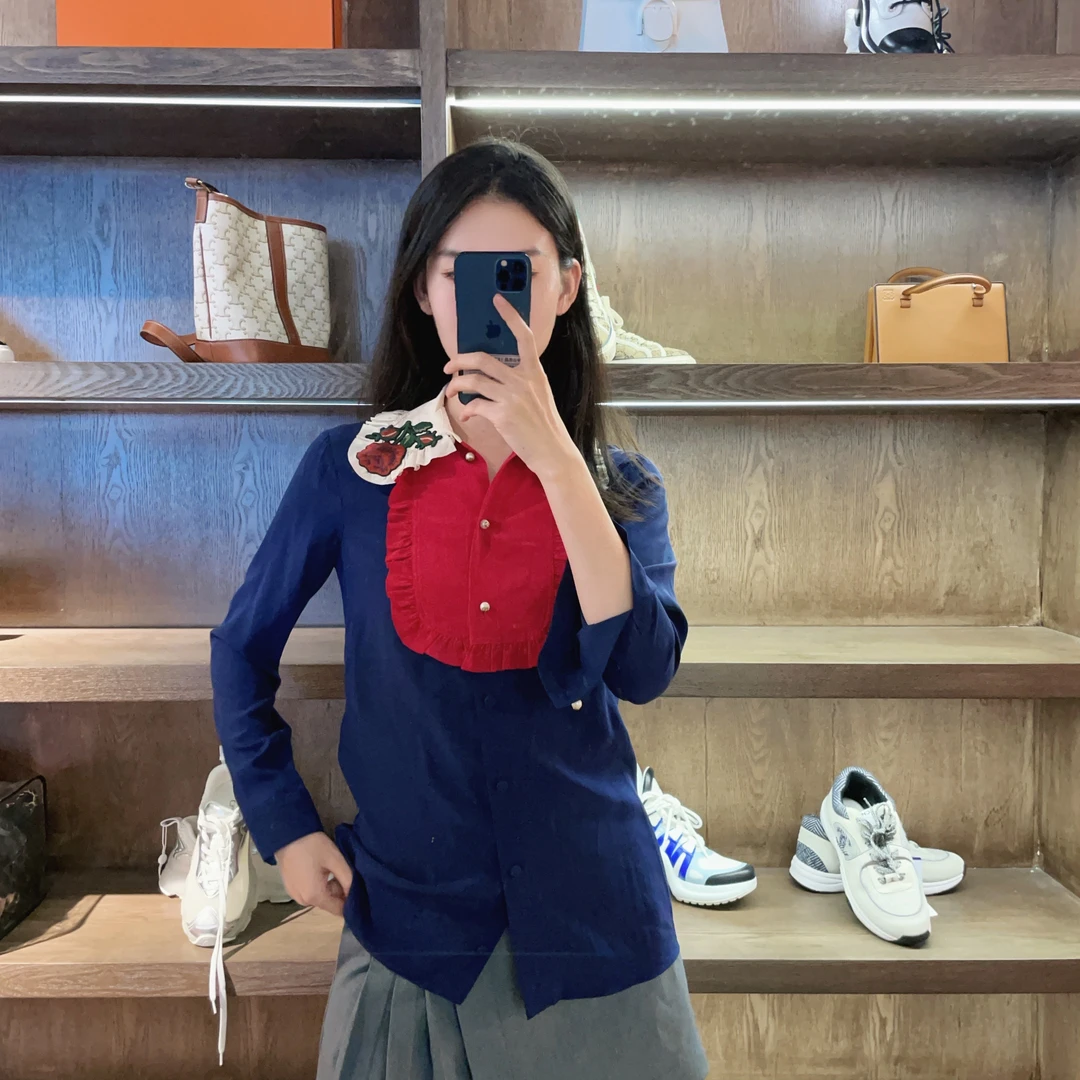 95新 GUCCI/古驰 麦殿/蚕丝衬衫38码藏蓝色/250630ZMPFY02