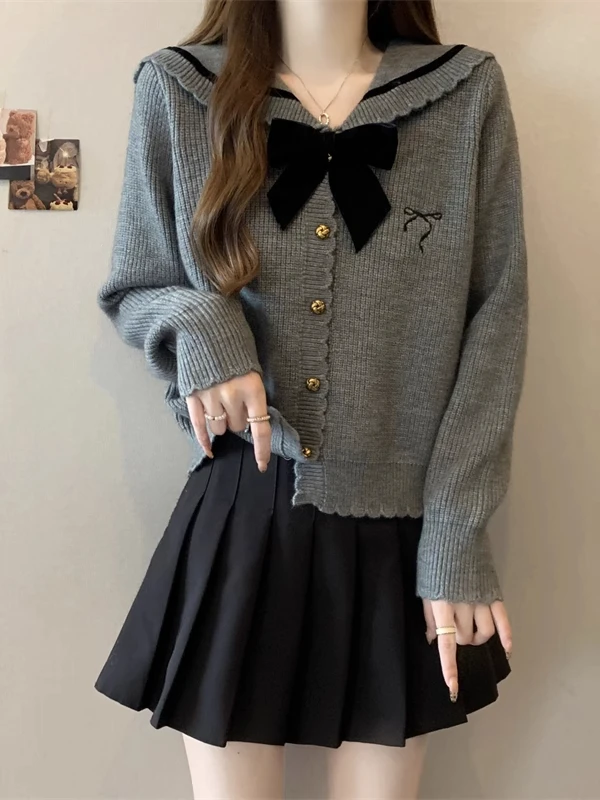 学院风海军领毛衣女2025秋冬新款蝴蝶结减龄显瘦上衣灰色针织开衫