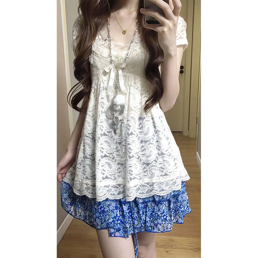 【古早女孩】甜美清新蕾丝蝴蝶结上衣+碎花短裙两件套小个子夏季