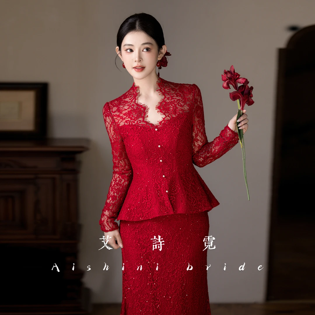 艾诗霓《赤锦》新娘敬酒服新中式改良旗袍订婚礼服套装新款红色套装