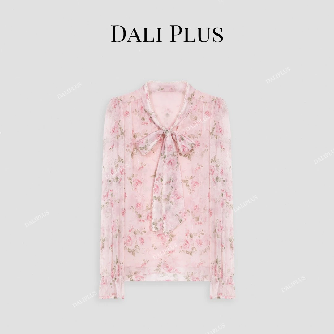 DALI PLUS气质优雅玫瑰碎花法式轻奢珍珠飘带衬衫-D5CH4016