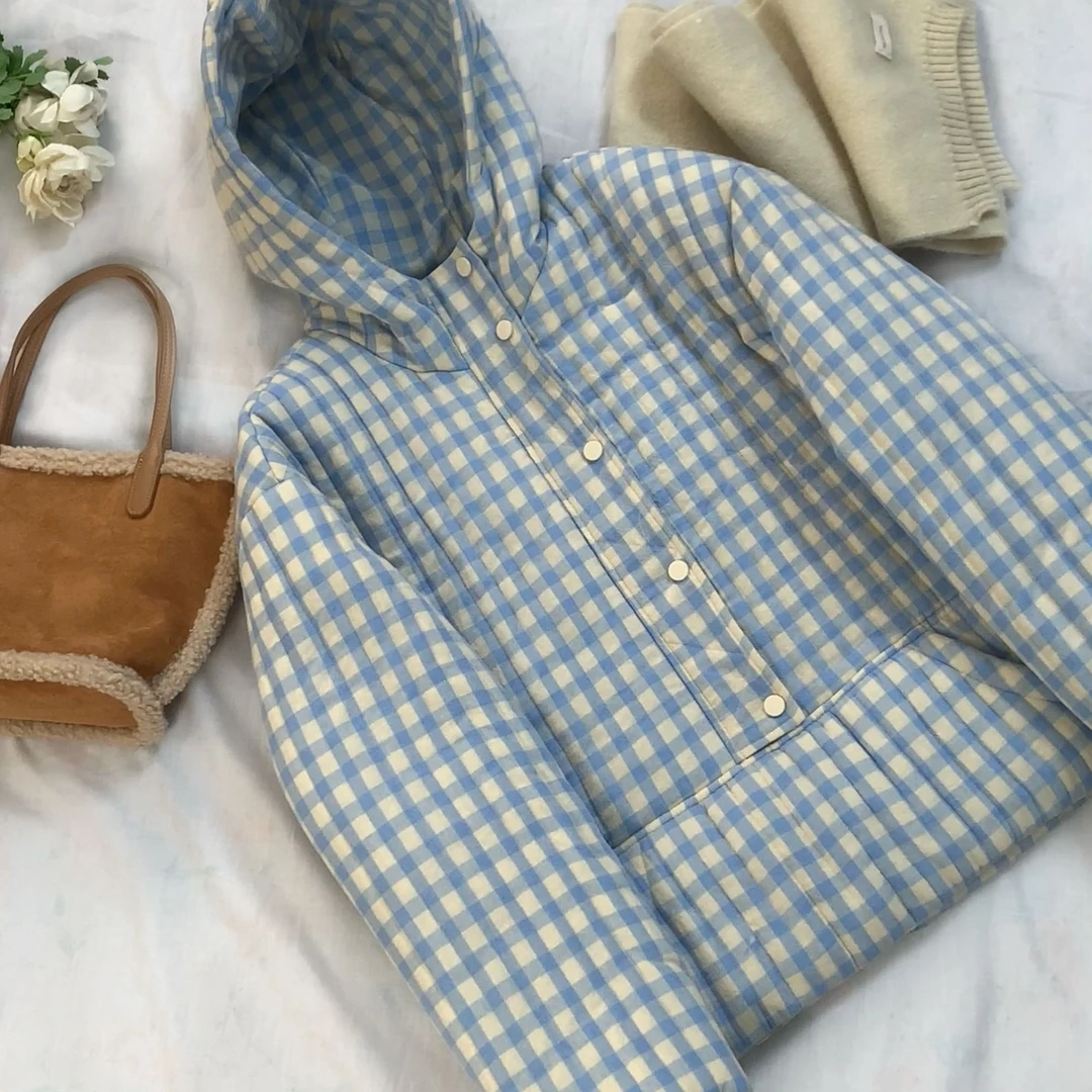 J1830宽松连帽通勤冬季减龄休闲甜美百搭套头连帽格子棉服