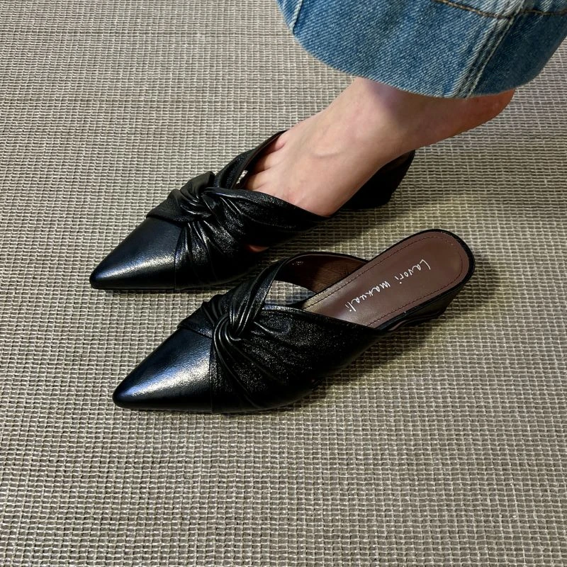 夏季半拖凉鞋气质尖头复古交叉带爆款粗跟拖鞋设计感气质风女款