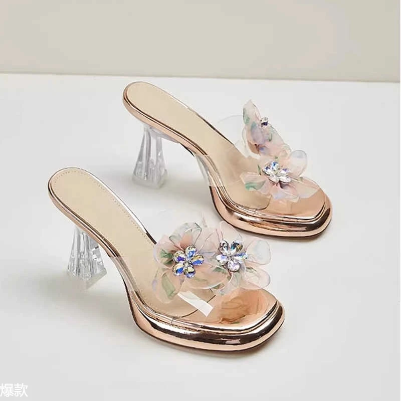 水钻高跟鞋拖鞋女外穿夏季2025年新款绝美粗跟超火水晶透明凉拖鞋