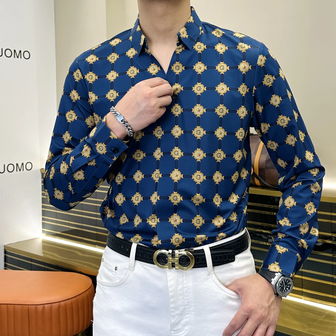 【亿姐男装】2025春款男士时尚格纹V领百搭轻奢长袖衬衫