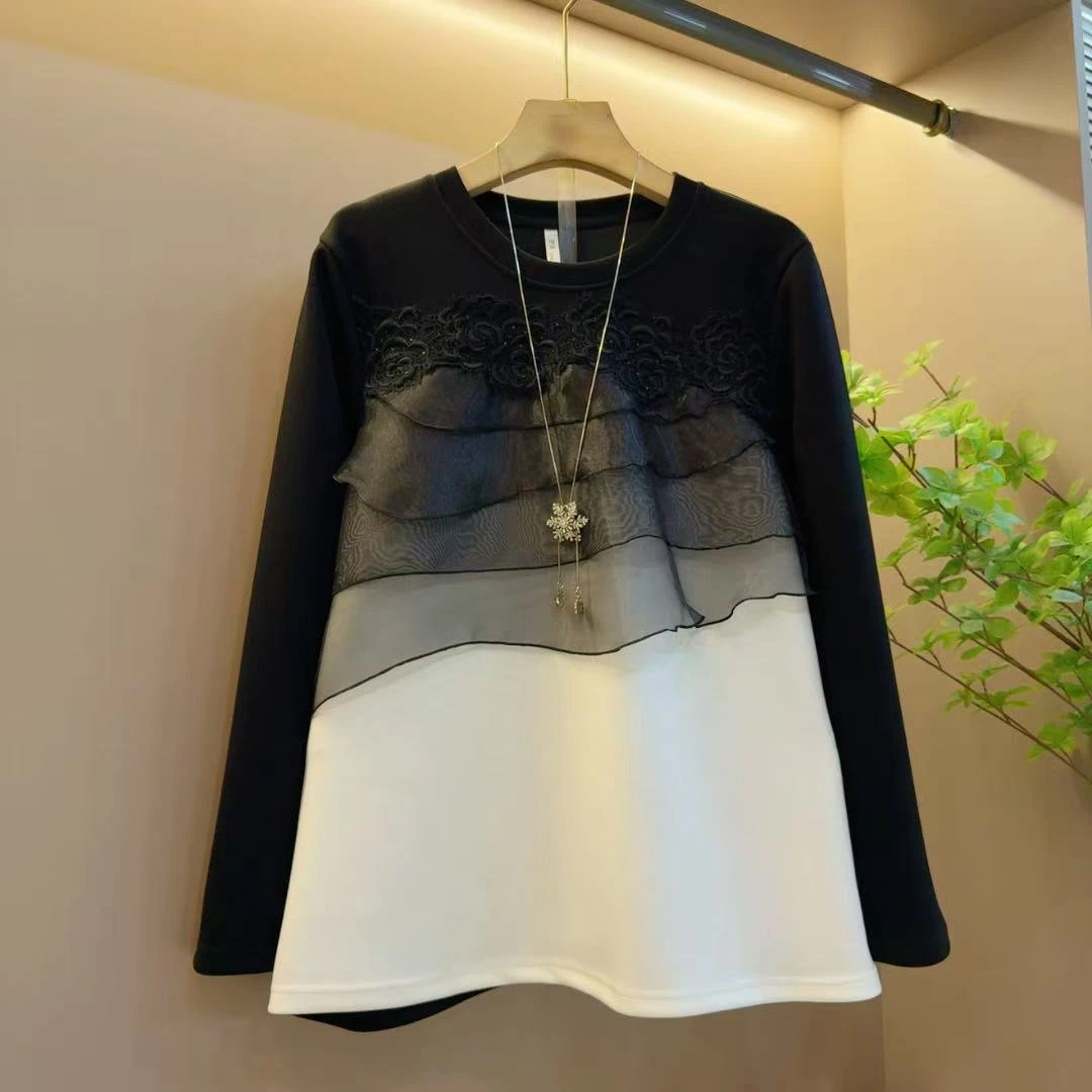 时尚圆领拼接撞色显瘦花边减龄长袖上衣（长64左右）