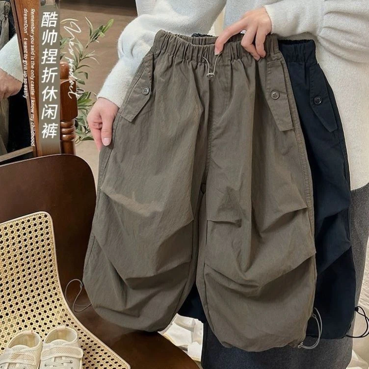 工装酷感抽绳中腰休闲裤男女童新款春秋潮气黑